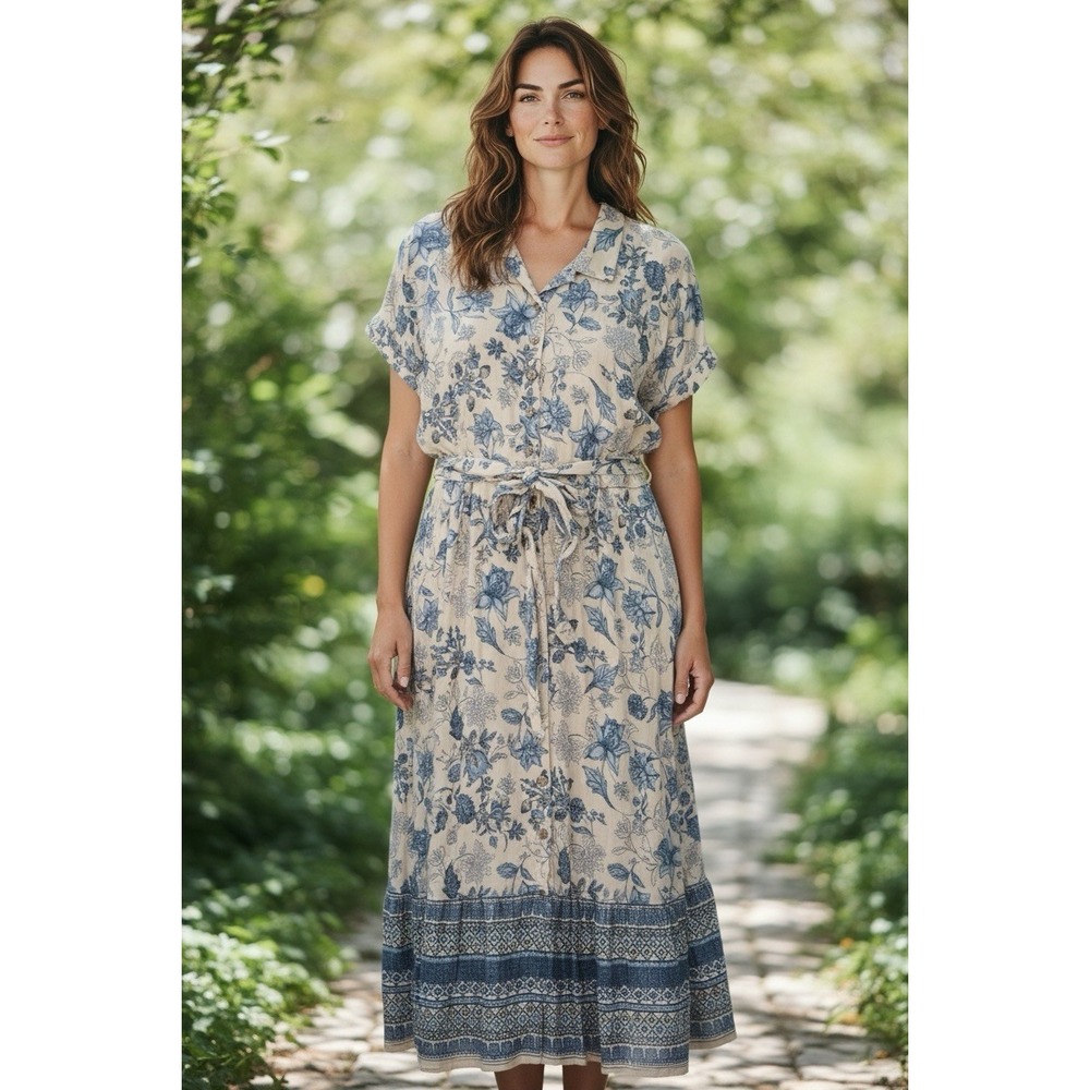 Lucky Brand XXXL Ivory Blue Floral Collared Shirt Dress Button Front Belted Maxi